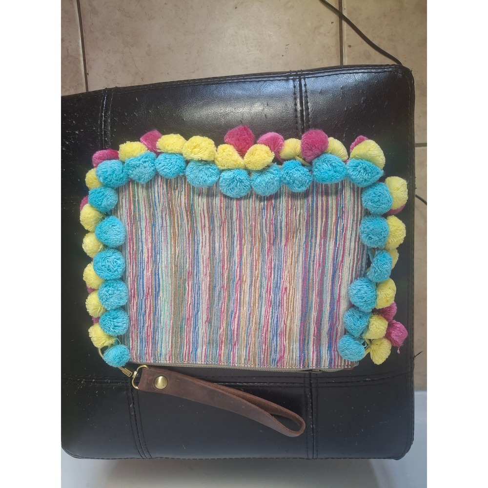Marivcc Handcrafted Pom Pom Wristlet Clutch Bag Striped Boho Multi Color Pouch